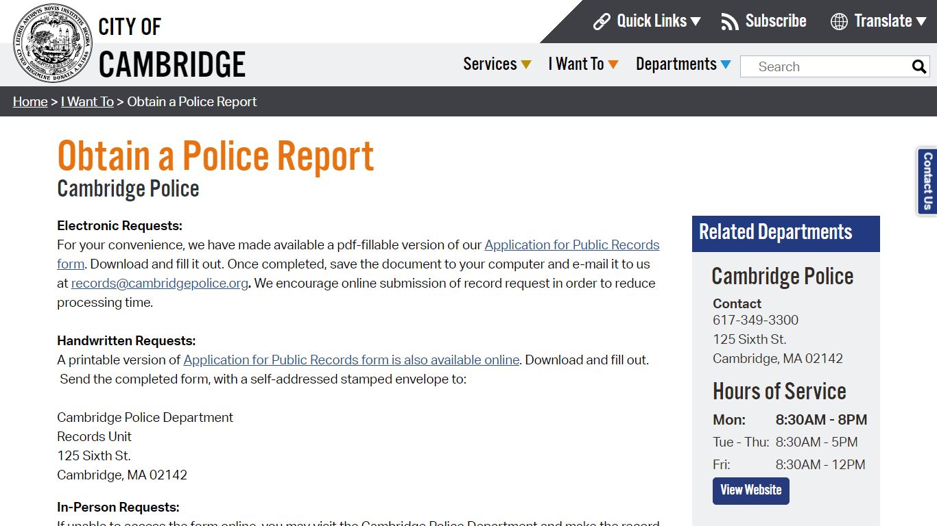 Obtain a Police Report - City of Cambridge, MA